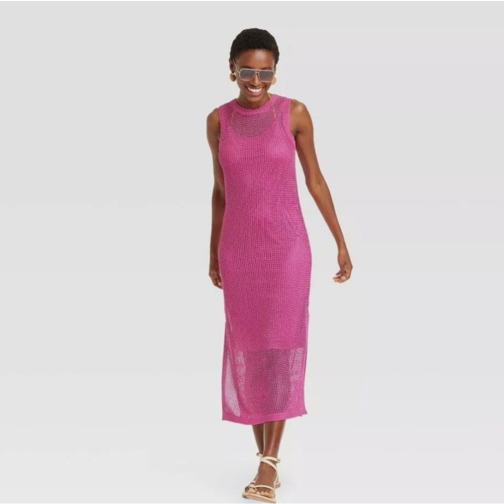 A New Day Women's mesh, sheer knit midi dress. Pink size medium - Picture 2 of 6